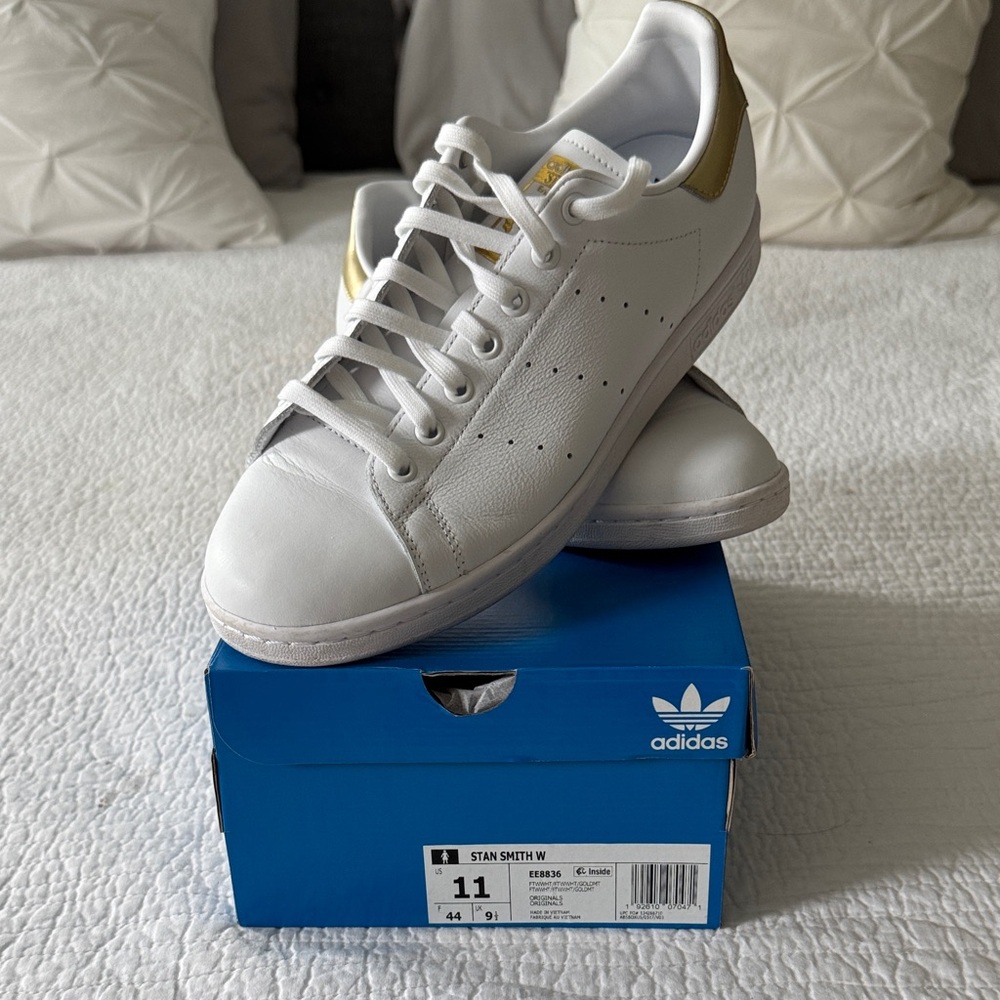 adidas White Leather Stan Smith Sneakers with Gold Tongue Patch
